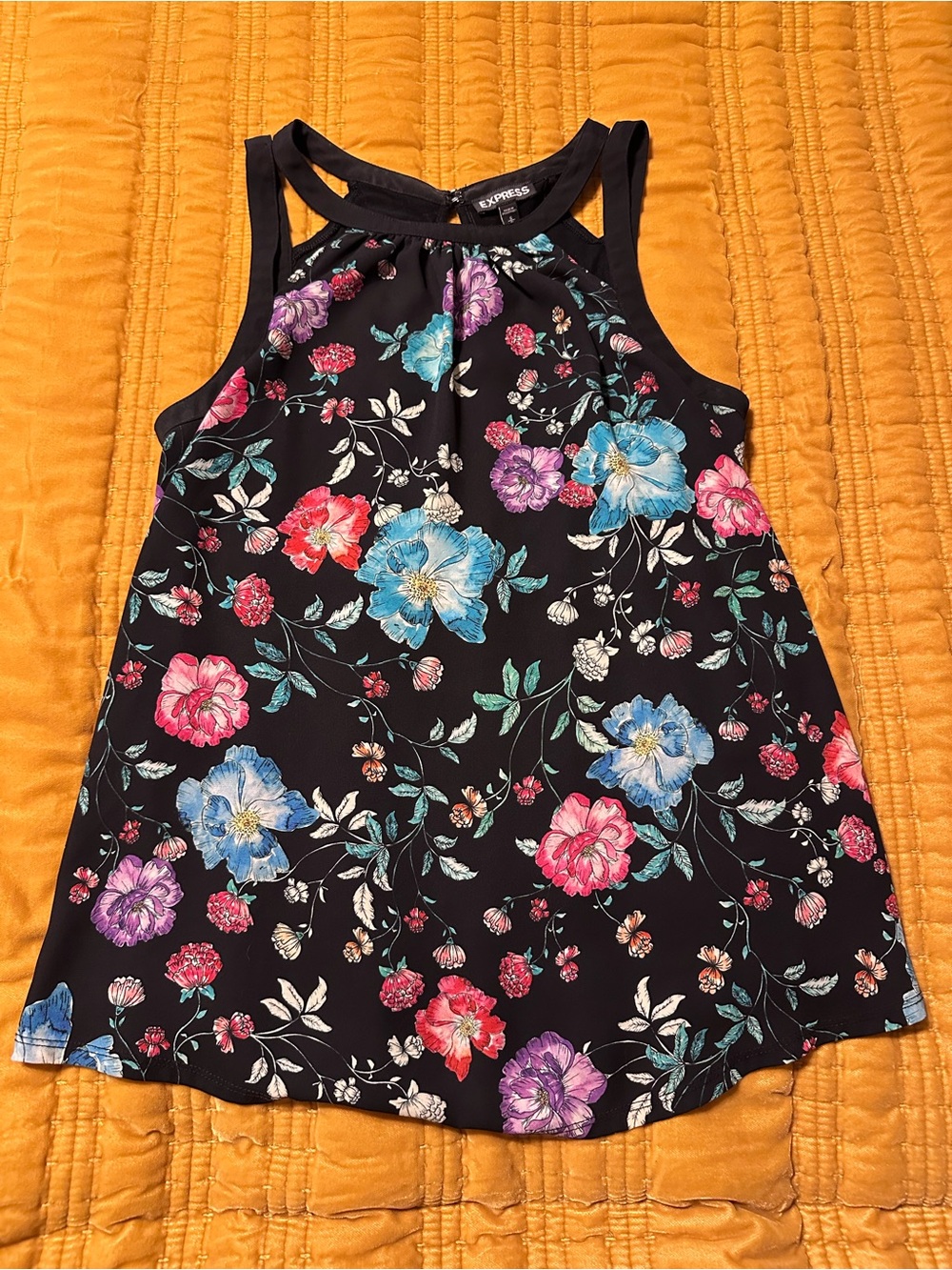 Express Black Floral Halter Tank with Multicolor Blooms